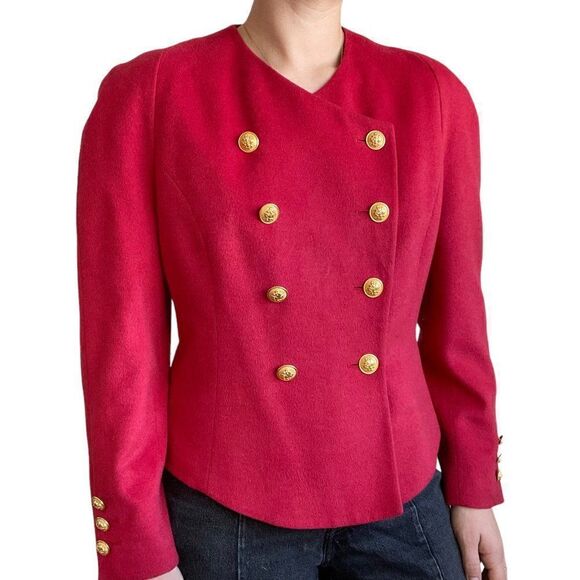 Vintage Womens 80s Louis Feraud Wool Cashmere Blend Red Double Breasted Blazer - Picture 3 of 8